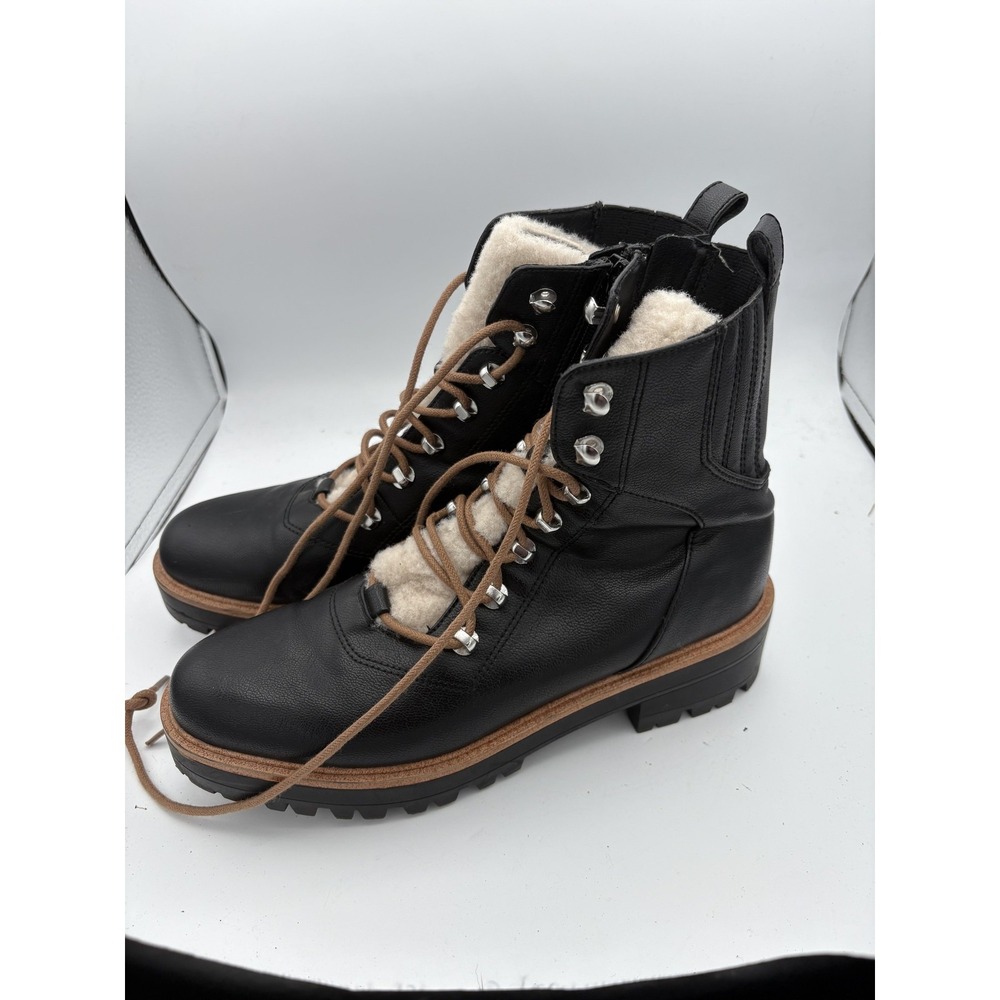Nine West Boots Womens Size 9.5 Black Leather Ankle Faux Fur Lace Up Zip Booties